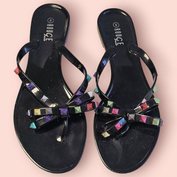 ROUGE HELIUM BLACK JELLY FLIP FLOPS SANDLE SIZE 8 MULTICOLOR STUDS. BOW - Picture 6 of 7
